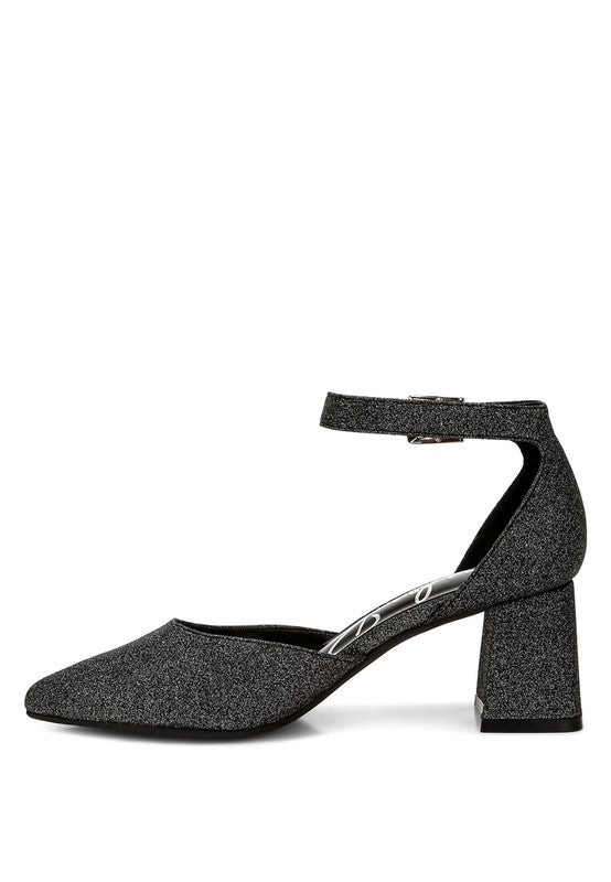 Women's glitter block heel sandals in black for stylish occasions