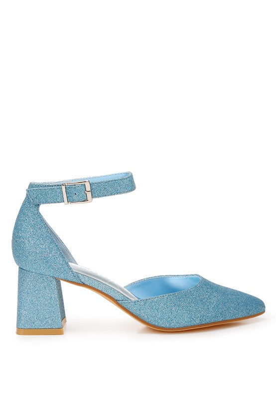 Women's glitter block heel sandals in blue for stylish occasions