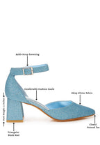 Women's glitter block heel sandals in blue with ankle strap and pointed toe