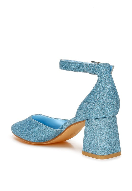 Women's glitter block heel sandals in blue, perfect for festive occasions