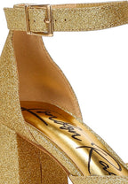 Women's glitter block heel sandals in gold for stylish evening wear