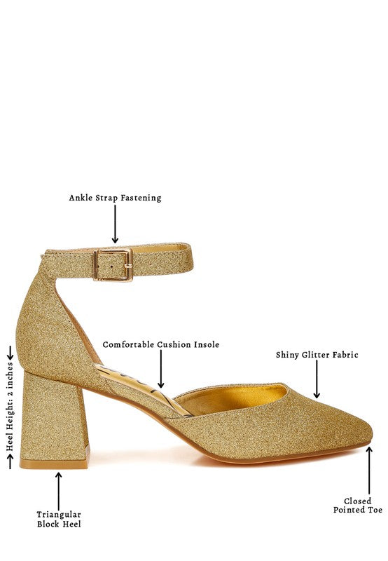 Women's glitter block heel sandals with ankle strap and cushioned insole