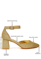 Women's glitter block heel sandals with ankle strap and cushioned insole