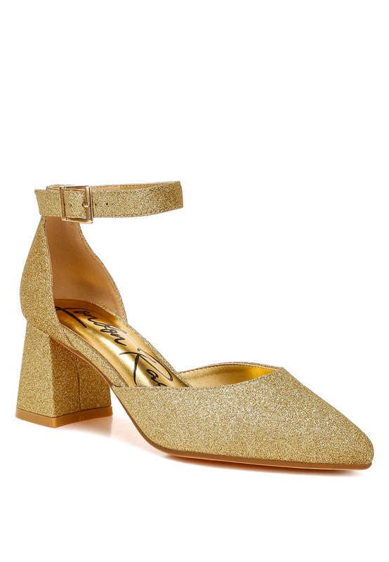 women's glitter block heel sandals, gold, perfect for special occasions