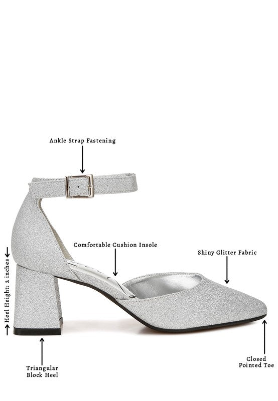 Women's glitter block heel sandals in silver with ankle strap and comfortable insole