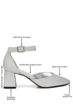 Women's glitter block heel sandals in silver with ankle strap and comfortable insole
