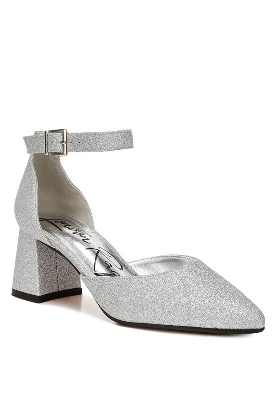 Rag Company glitter block heel sandals in silver, perfect for evening events