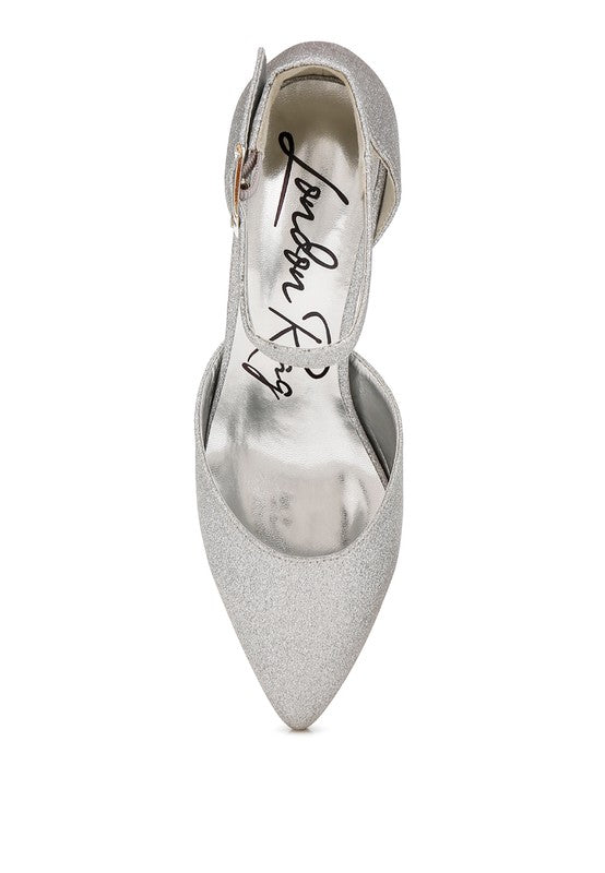 Women's silver glitter block heel sandals, perfect for evening events