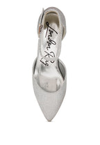 Women's silver glitter block heel sandals, perfect for evening events