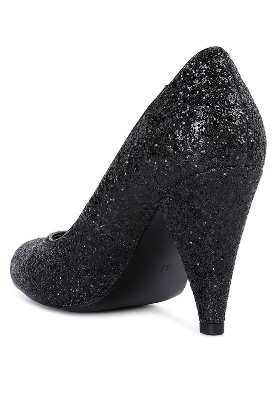 Women's black glitter conical heel pumps for elegant occasions