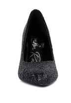 Women's glitter conical heel pumps in black, ideal for formal occasions
