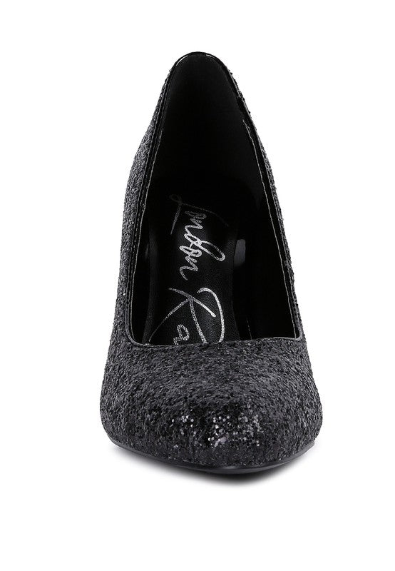 Women's glitter conical heel pumps in black, ideal for formal occasions