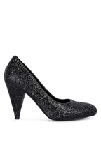 Women's black glitter conical heel pumps for evening events