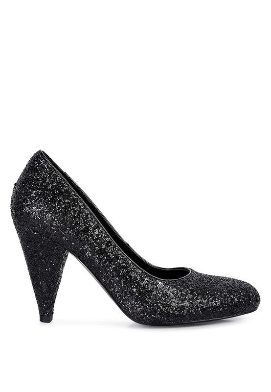 Women's black glitter conical heel pumps for evening events