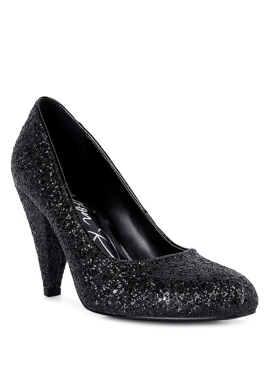 Rag Company glitter conical heel pumps in black for special occasions
