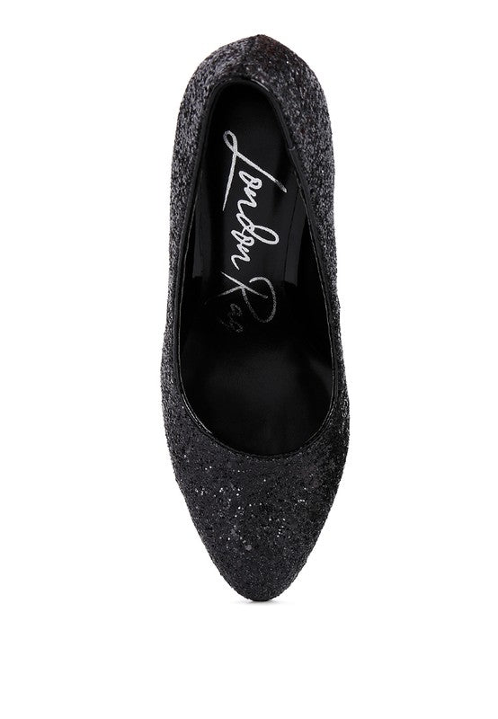 Women's glitter conical heel pumps in black for elegant occasions