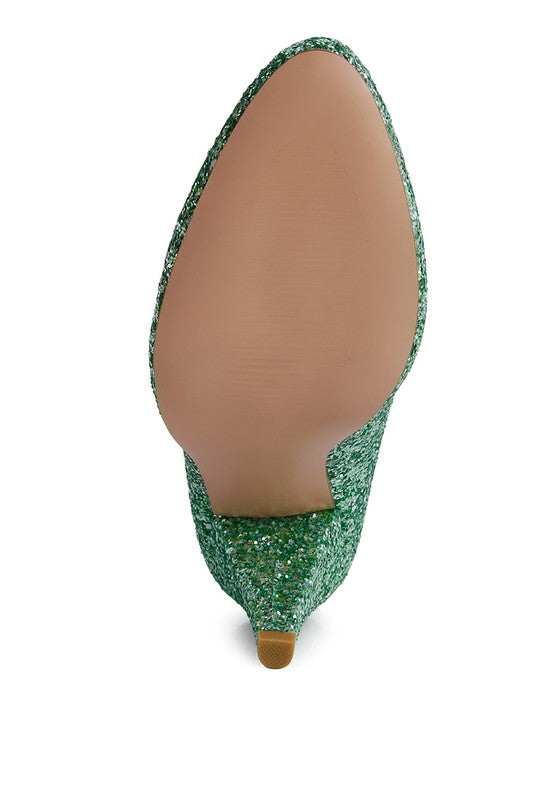 Women's glitter conical heel pumps in green for elegant occasions