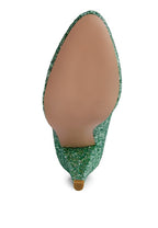 Women's glitter conical heel pumps in green for elegant occasions