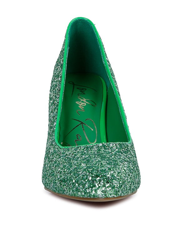 Women's glitter conical heel pumps in green for special occasions