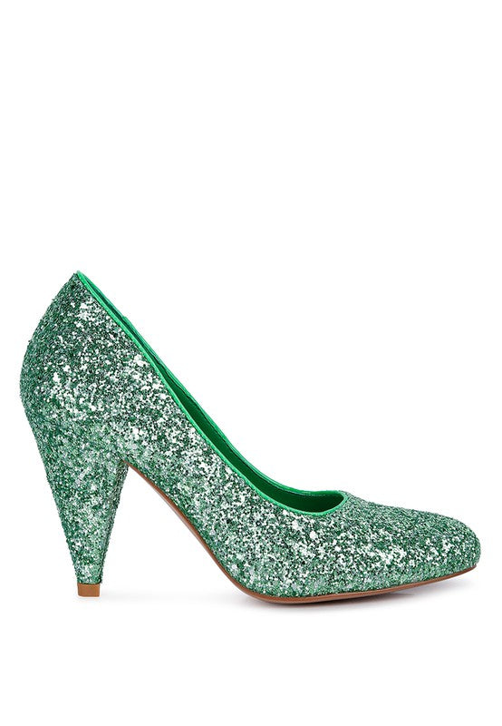 Women's green glitter conical heel pumps for stylish events