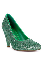Women's green glitter conical heel pumps, perfect for parties
