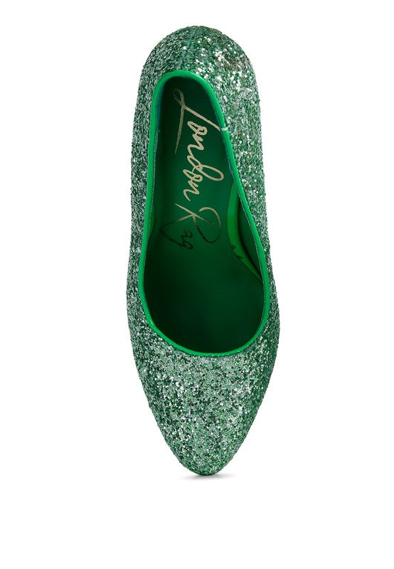 Green glitter conical heel pumps for special occasions