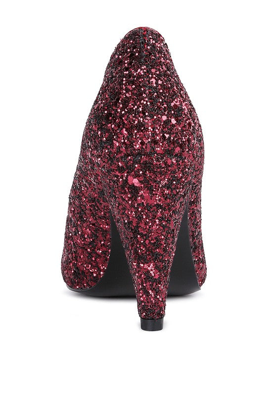 Women's glitter conical heel pumps, red glitter for party events
