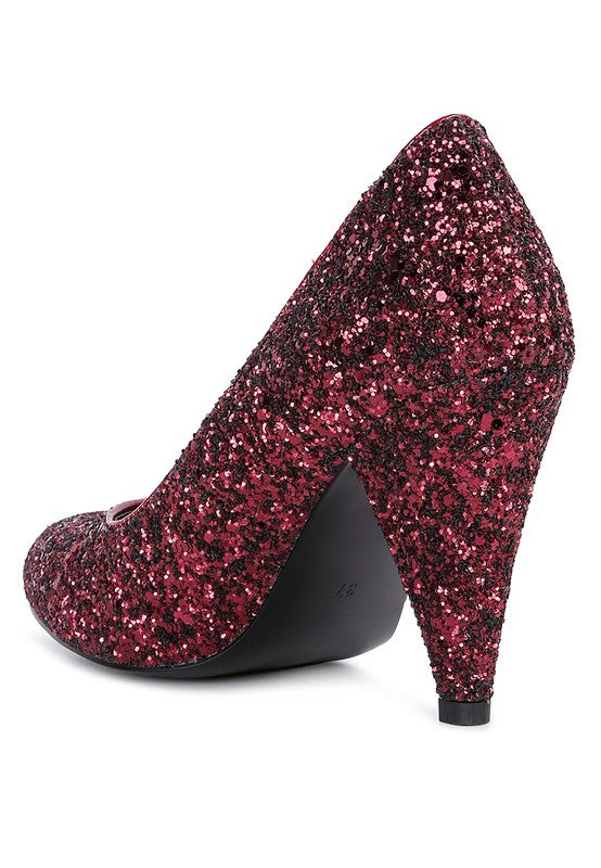 Women's red glitter conical heel pumps for special occasions