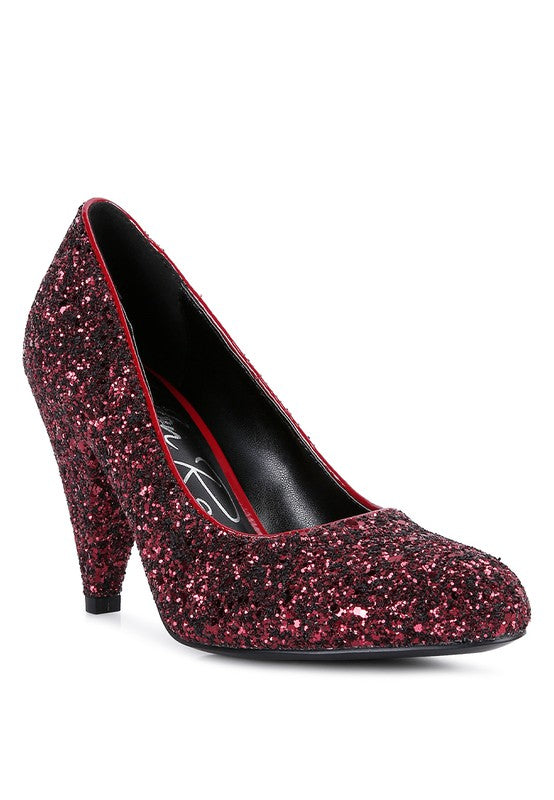 Women's glitter conical heel pumps in red, perfect for evening parties