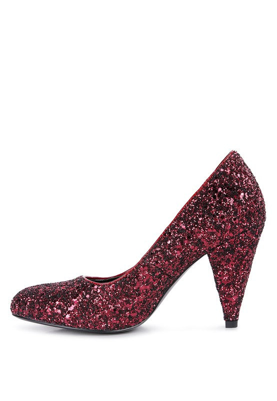 Women's glitter conical heel pumps in red for elegant occasions
