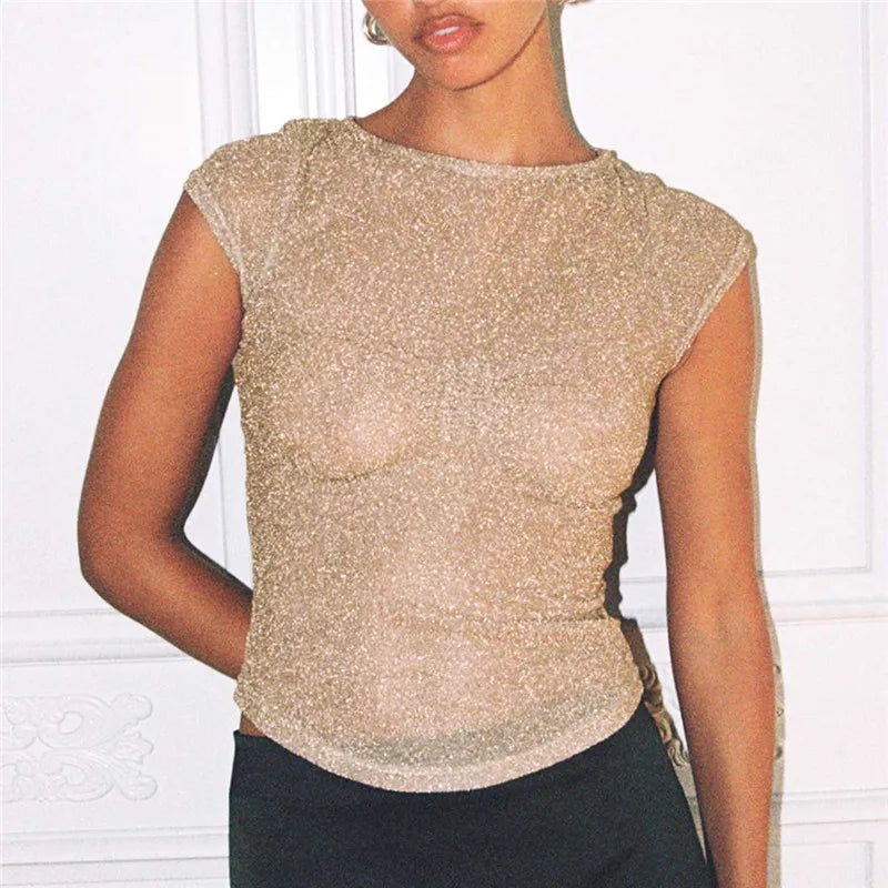 Women's gold glitter crop top, stylish and perfect for parties