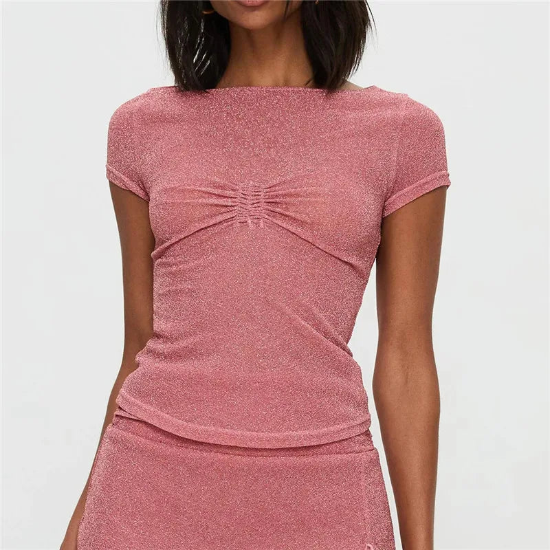 Glitter crop top in pink with ruched detailing, perfect for casual outings