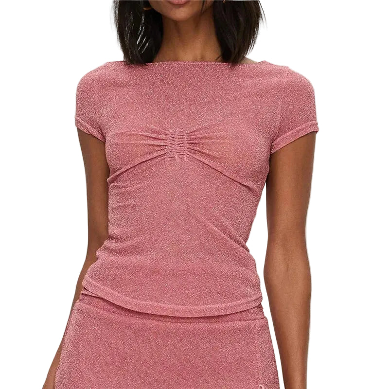 Women's pink glitter crop top, perfect for summer parties