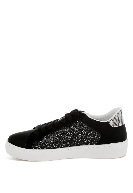 Women's glitter faux leather sneakers in black, stylish and comfortable.