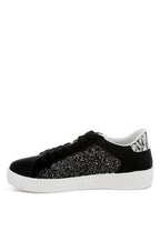 Women's glitter faux leather sneakers in black, stylish and comfortable.