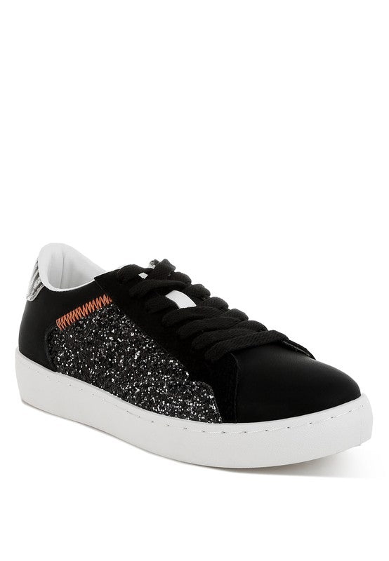 Women's black glitter faux leather sneakers for everyday wear