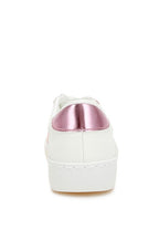 Women's glitter faux leather sneakers in white with metallic pink accents