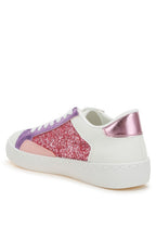 Women's glitter faux leather sneakers in pink, white, and purple for casual wear