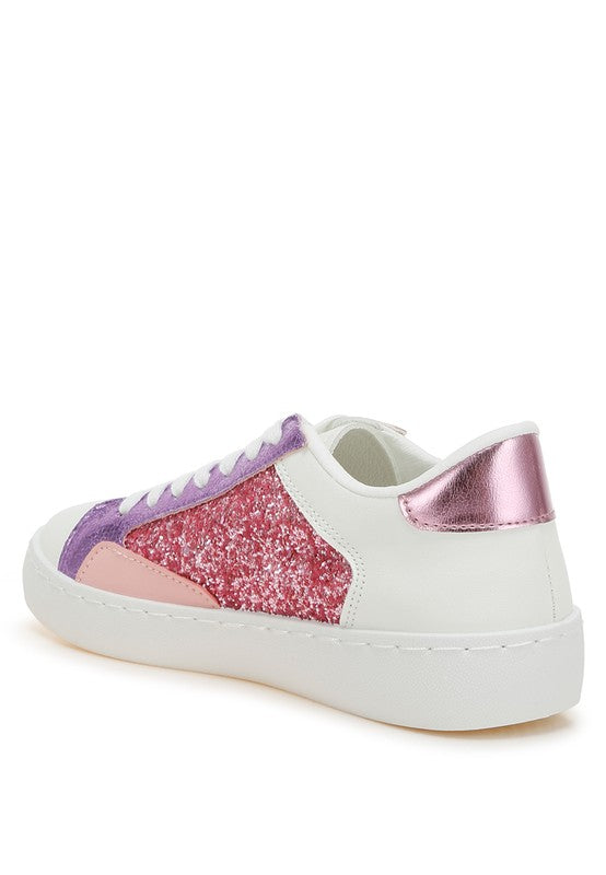 Women's glitter faux leather sneakers in pink, white, and purple for casual wear