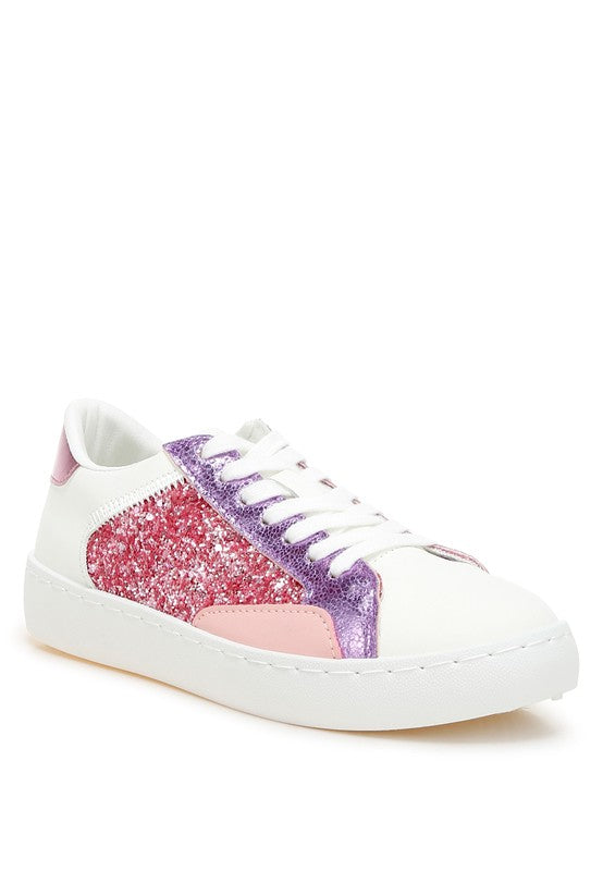 Women's glitter faux leather sneakers in white, pink, and purple colors