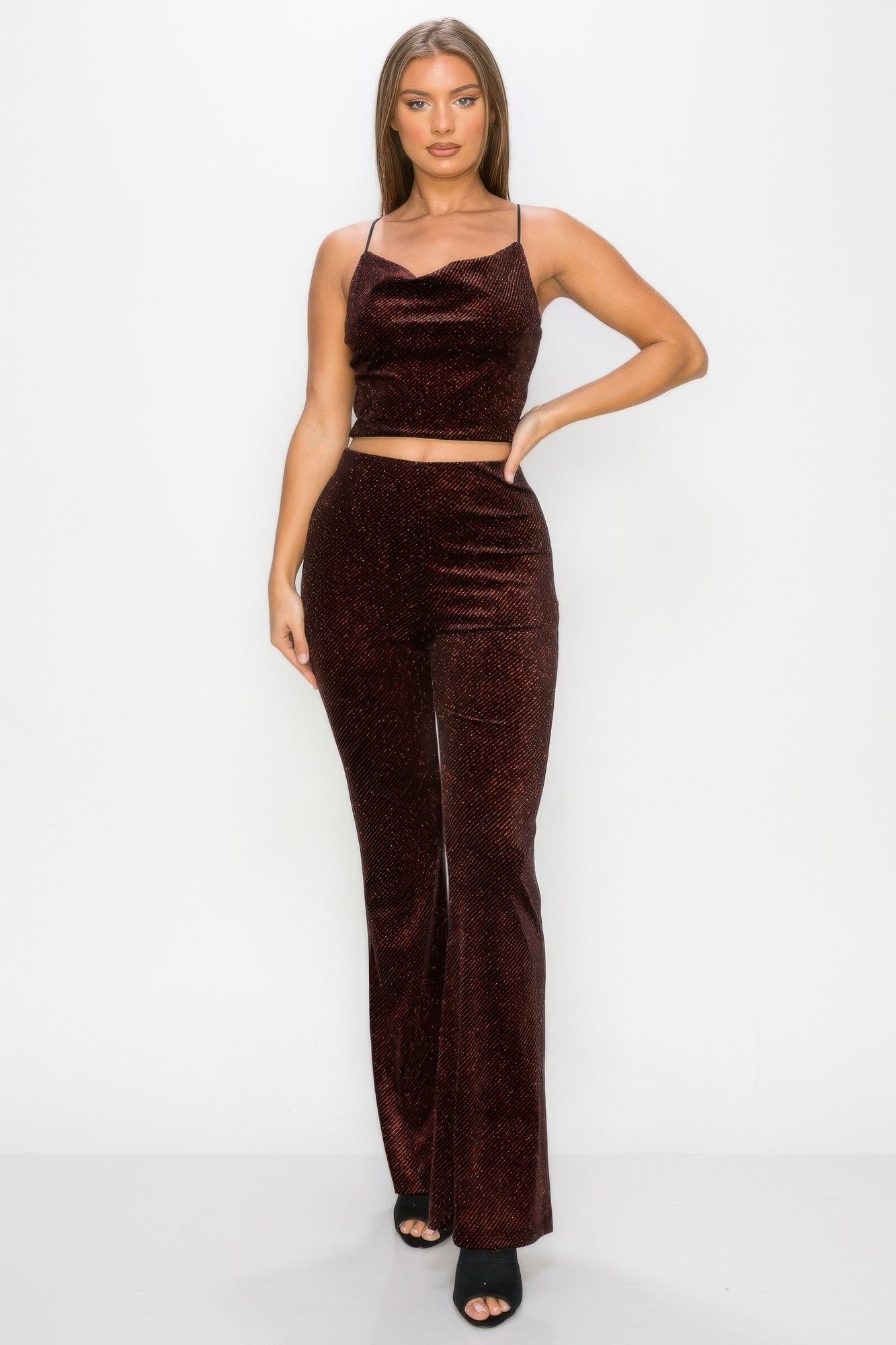 VacationGrabs glitter flare pants women clubwear in dark brown sparkly fabric paired with matching crop top
