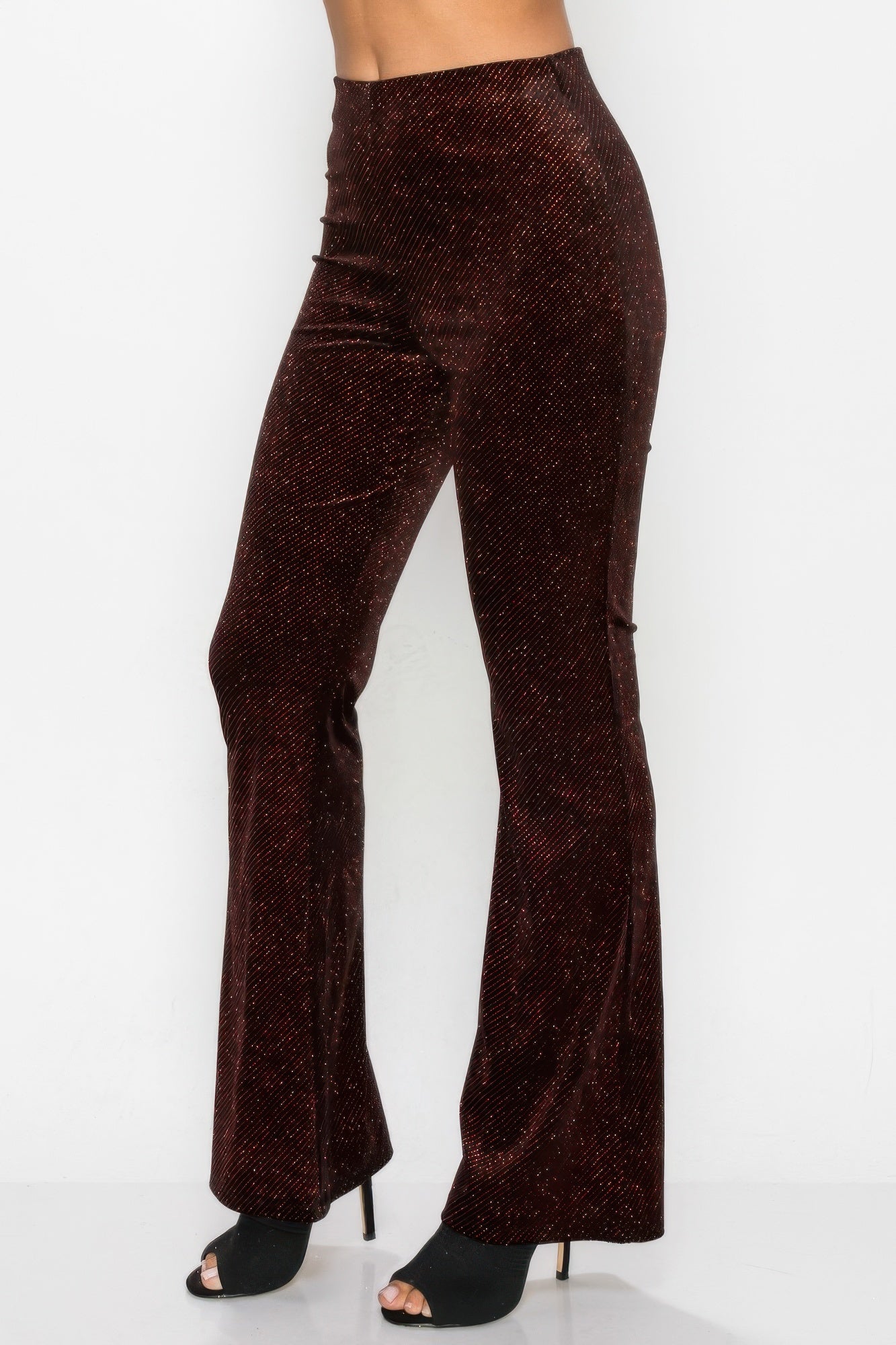VacationGrabs glitter flare pants women clubwear in dark brown shimmer velvet fabric with high waist and flared legs