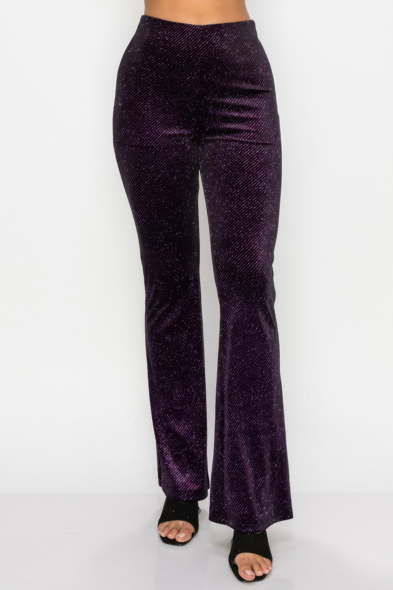 VacationGrabs purple glitter flare pants women clubwear with high waist and fitted silhouette