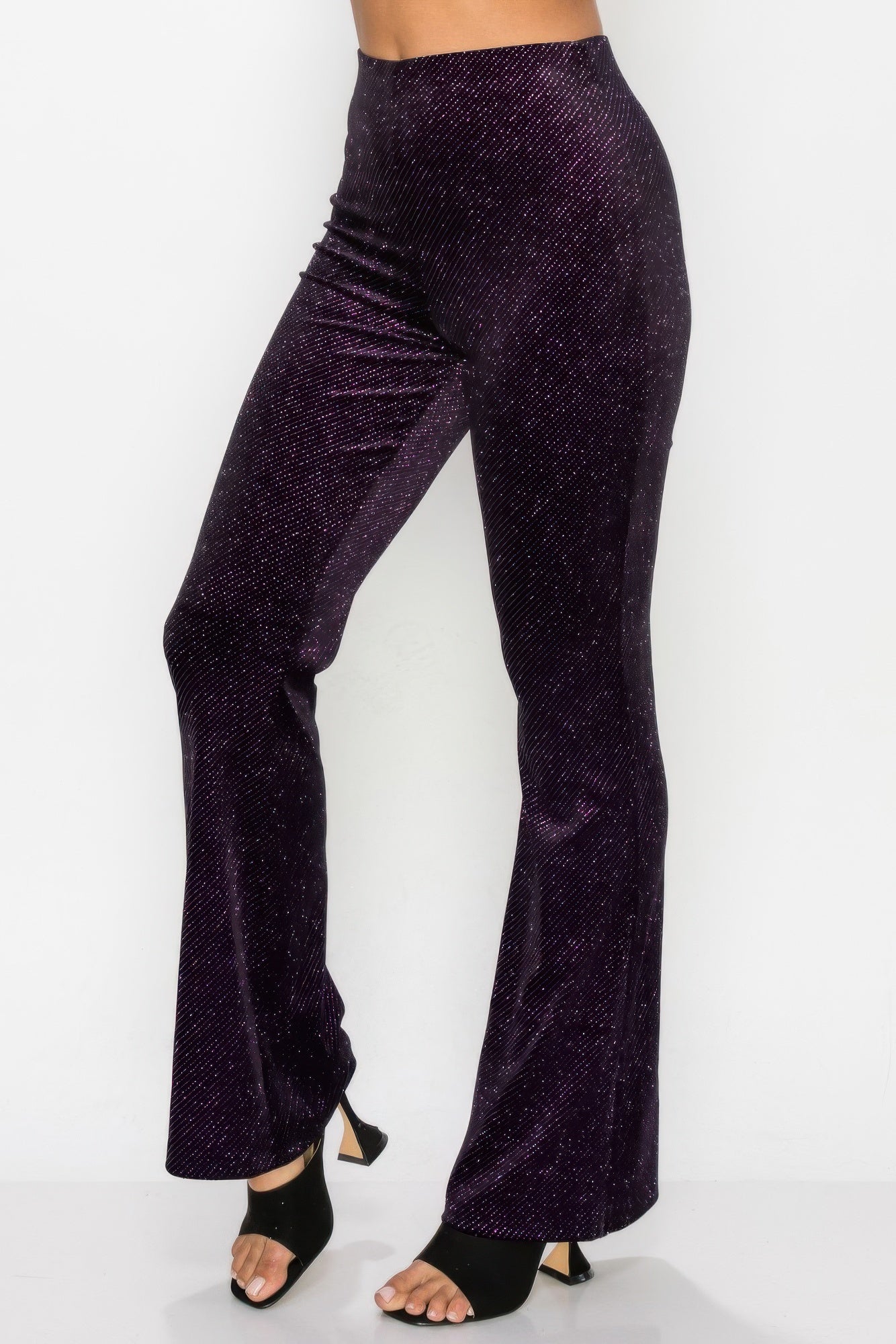 VacationGrabs glitter flare pants women clubwear in purple with high waist and flared legs