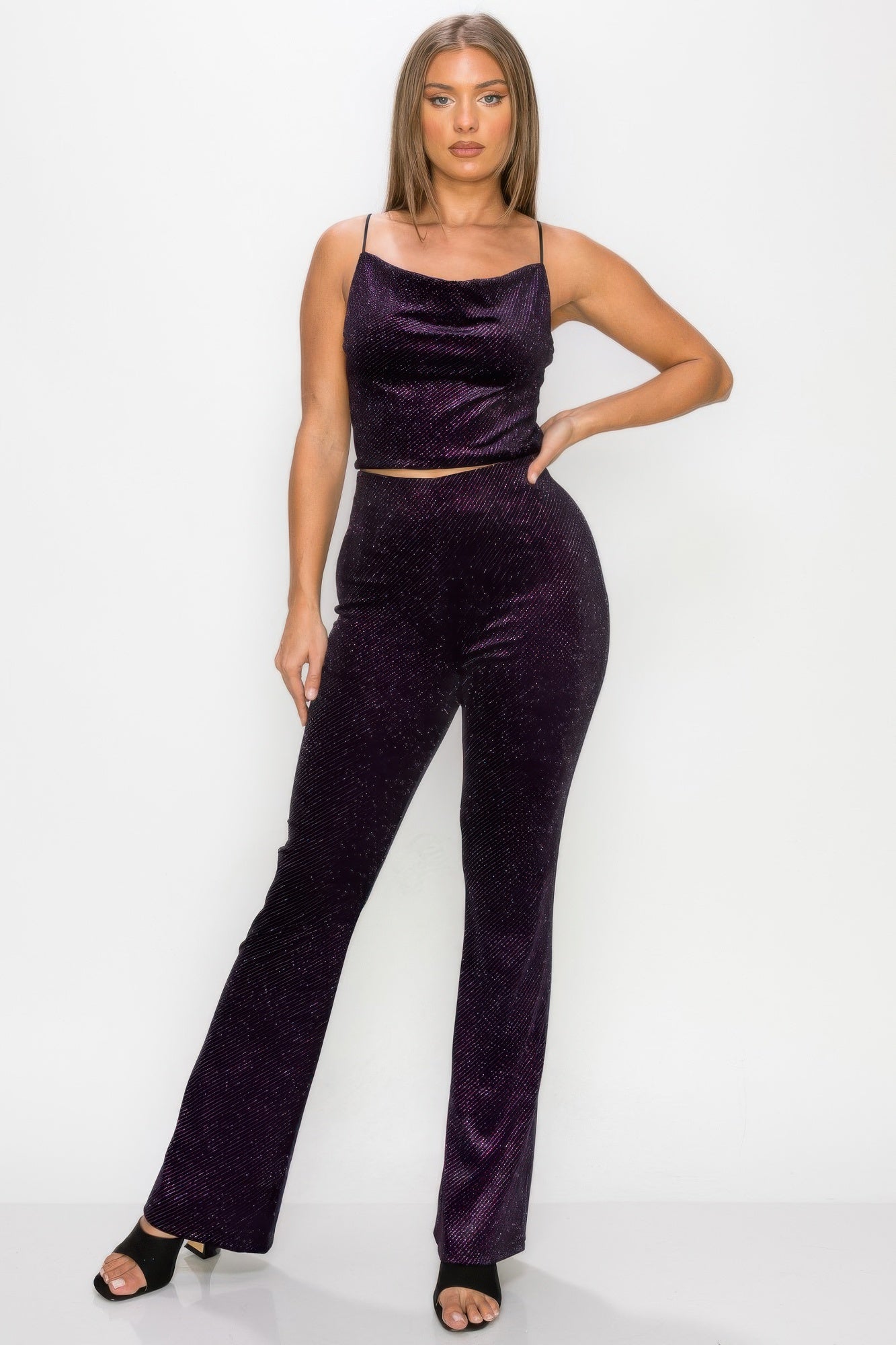 Glitter flare pants women clubwear in dark purple velvet worn with matching crop top
