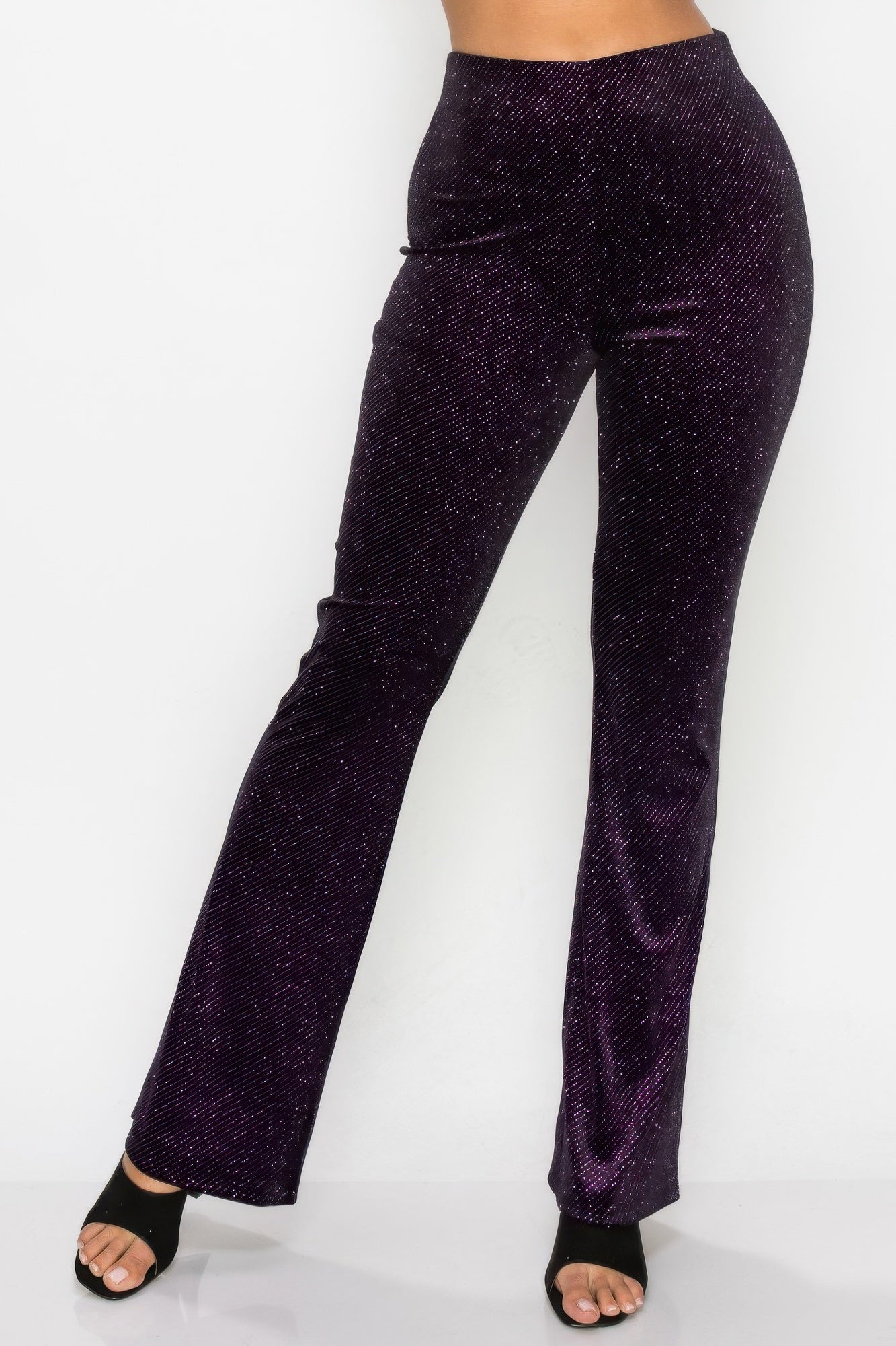 VacationGrabs glitter flare pants women clubwear in dark purple with sparkly texture and flare leg style