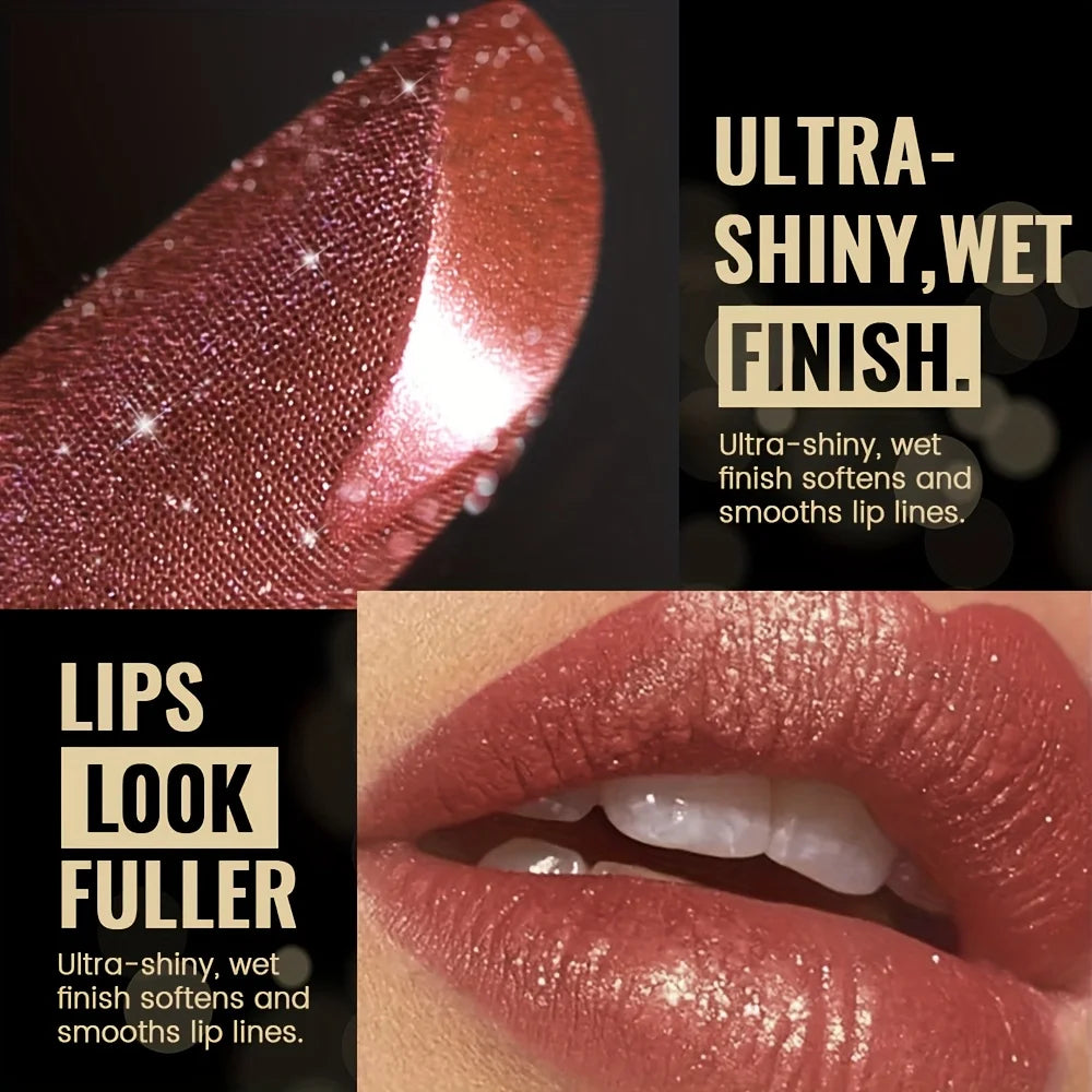 Glitter lipstick gloss in shimmering rose shade for a fuller lip look