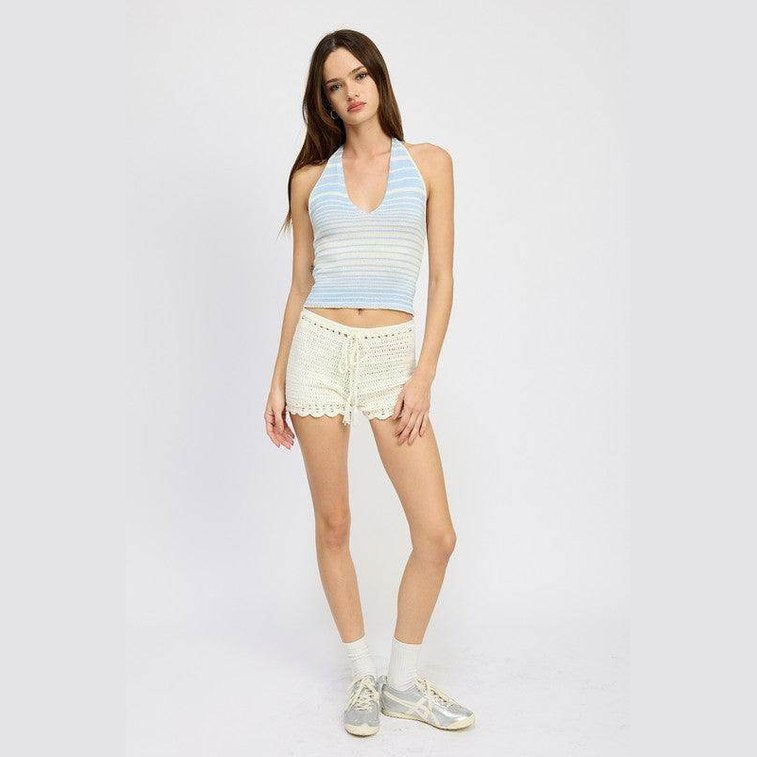 Glitter Yarn Halter Top With Back Tie - VacationGrabs
