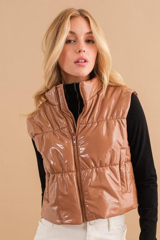 Women's Coats & Jackets Gloss Shiny Pu Quilted Puffer Zip Up Crop Vest