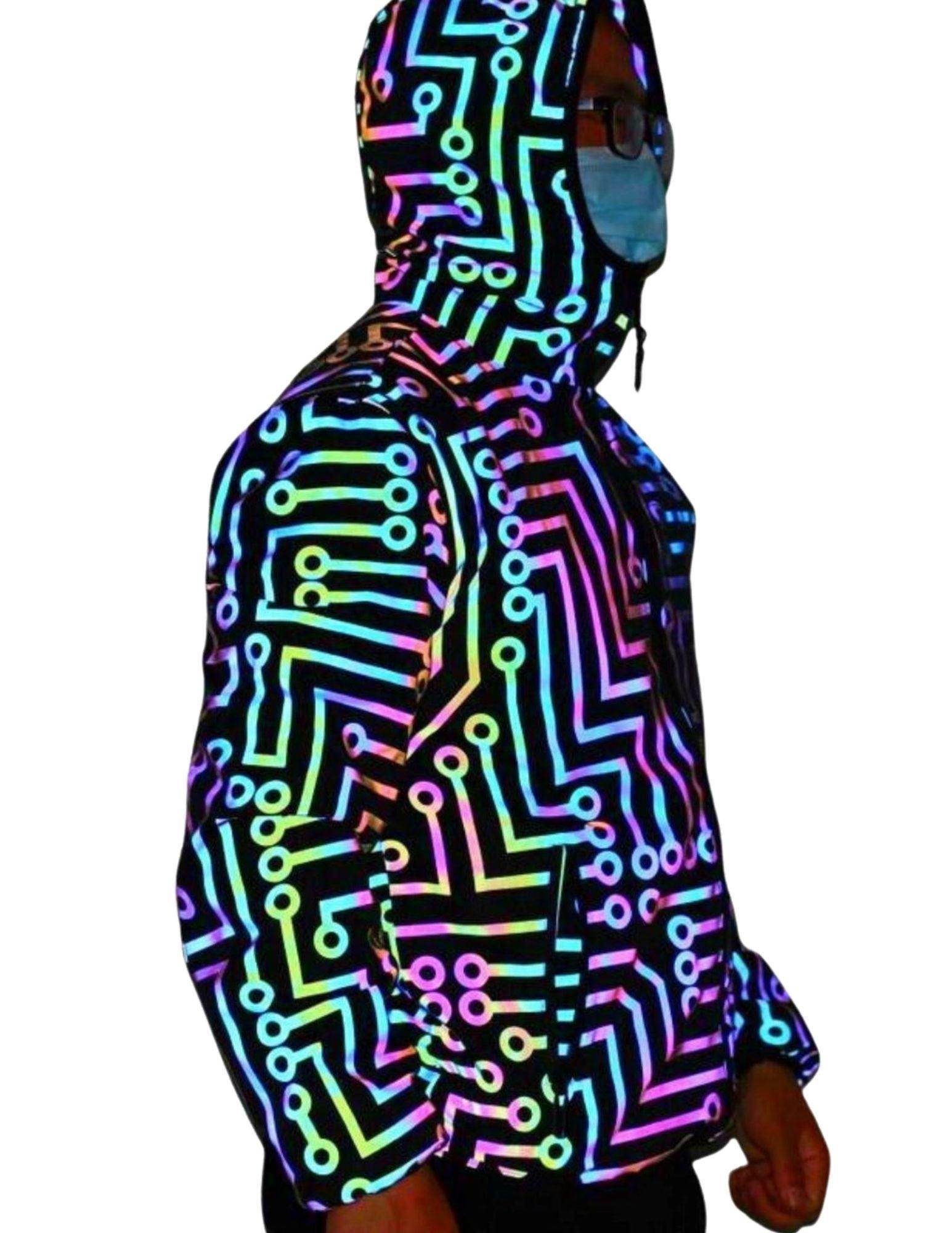 Colorful circuitry design men's jacket from VacationGrabs that glows in the dark pants for a stylish night look